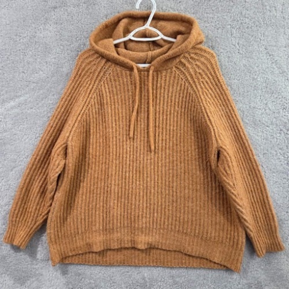 Aerie Camel Brown Chunky Ribbed Knit Hooded Sweater Women XL Wool Blend Pullover